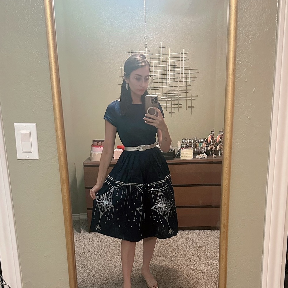 Navy art deco spiderweb dress